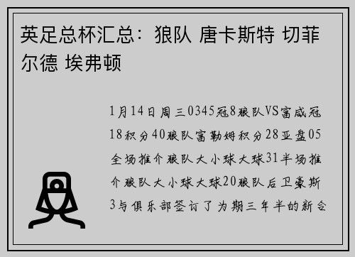 英足总杯汇总：狼队 唐卡斯特 切菲尔德 埃弗顿
